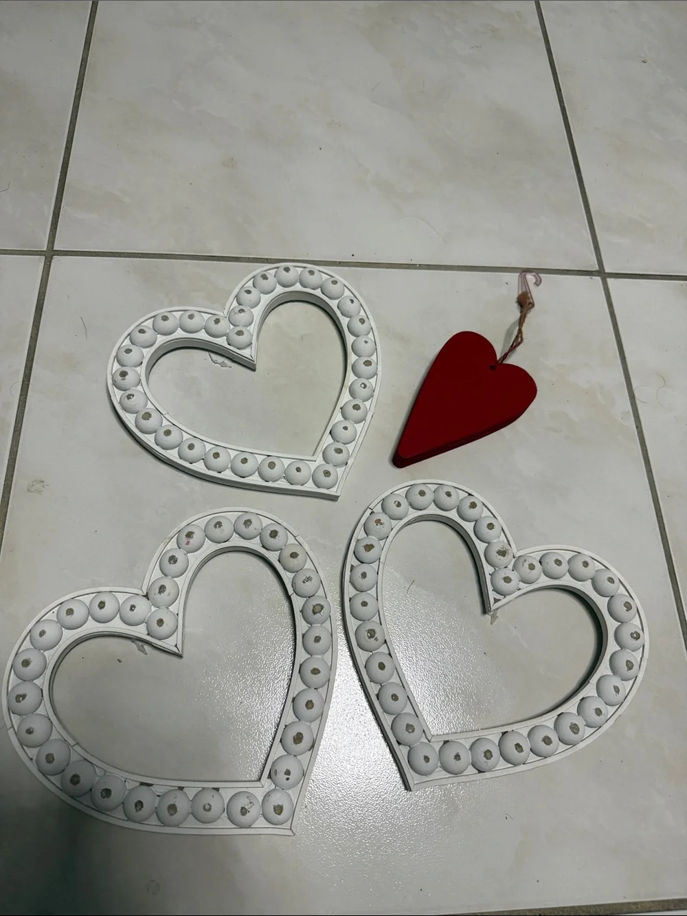 White Beaded Heart Wall Decor Set with Red Accent Heart